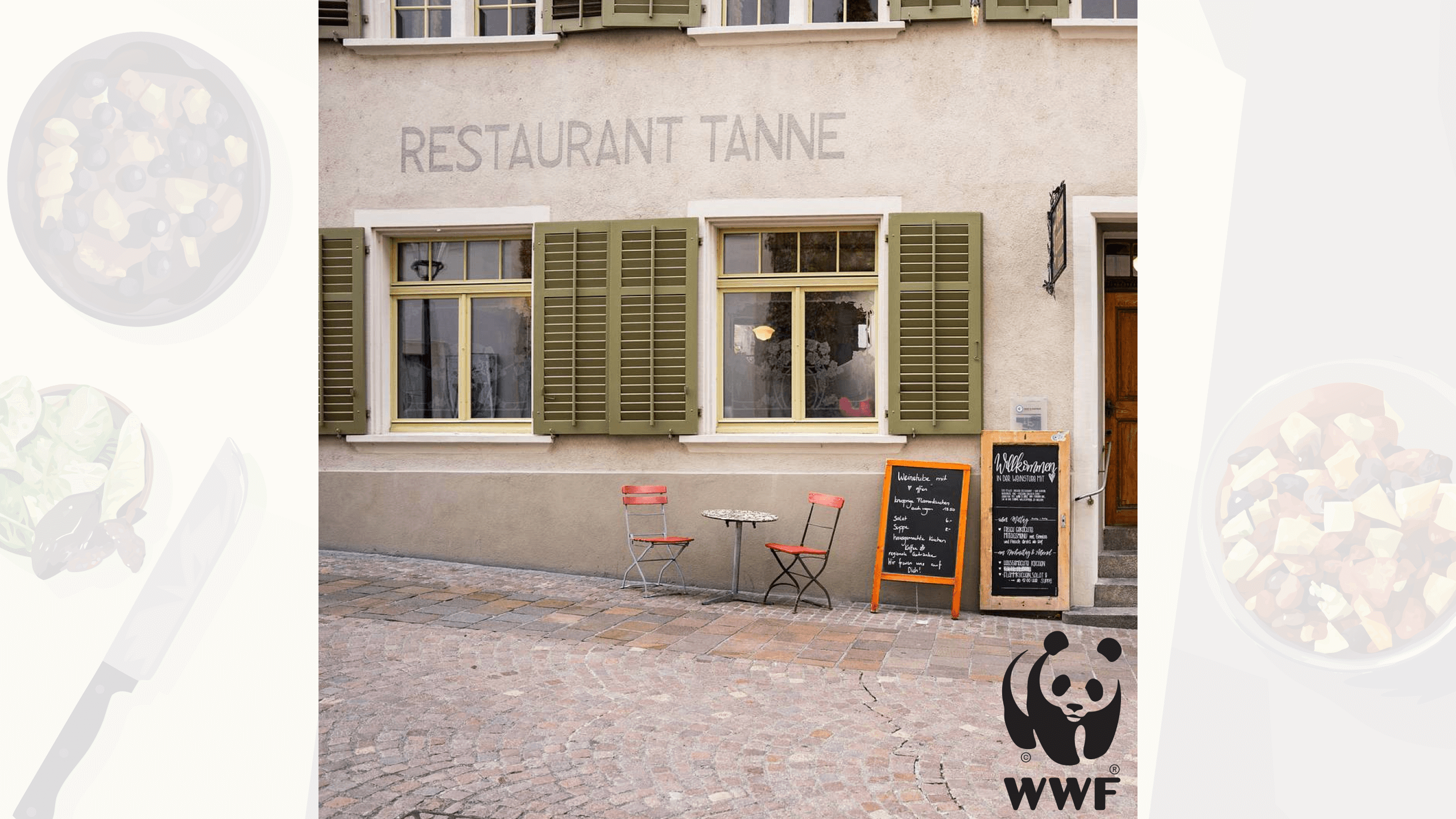 Vorderseite vom Restaurant Tanne und Kochutensilien